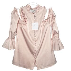 L'ACADEMIE Cold-Shoulder Ruffle Satin Blouse Button Front Pink Womens Size S NWT